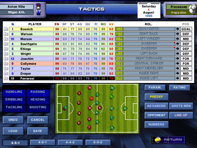 Premier Manager Ninety Nine (Windows) screenshot: Setting tactics. The little triangles indicate how far from his preferences a player is.
