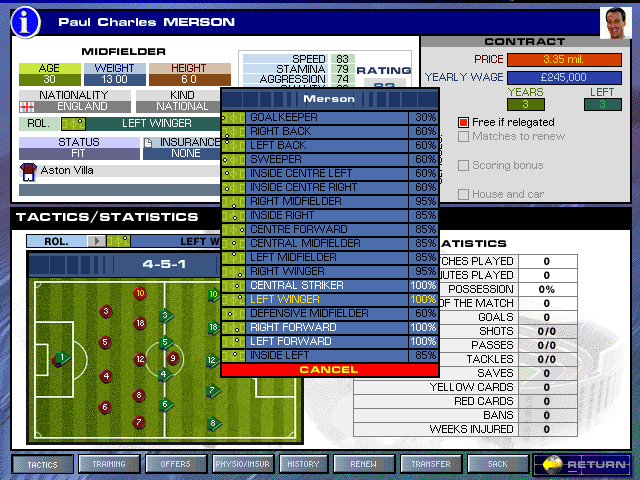 Premier Manager Ninety Nine (Windows) screenshot: Player information