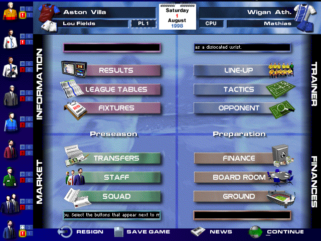 Premier Manager Ninety Nine (Windows) screenshot: Main menu. News is now brought into attention in the sidebar with the staff.