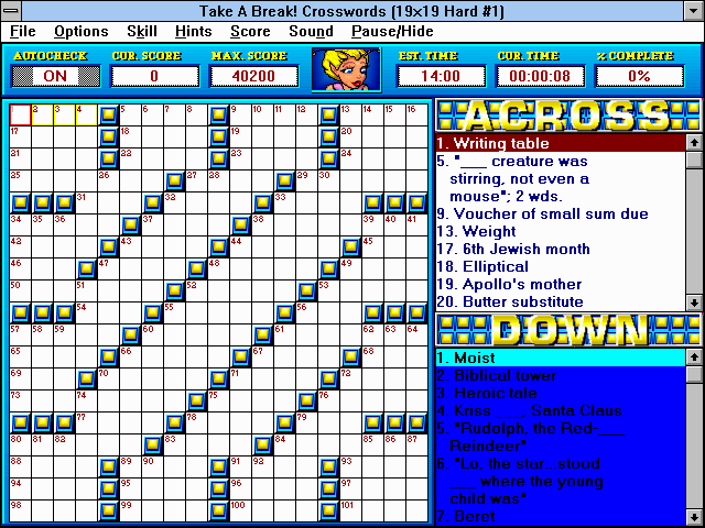 Take a Break! Crosswords (Windows 3.x) screenshot: Hard 19x19 puzzle