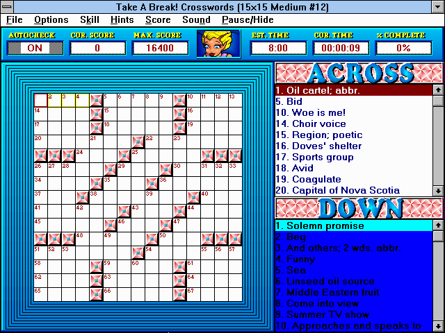 Take a Break! Crosswords (Windows 3.x) screenshot: Medium 15x15 puzzle