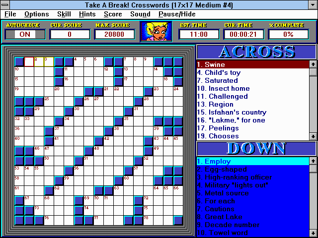 Take a Break! Crosswords (Windows 3.x) screenshot: Medium 17x17 puzzle (16 colors)