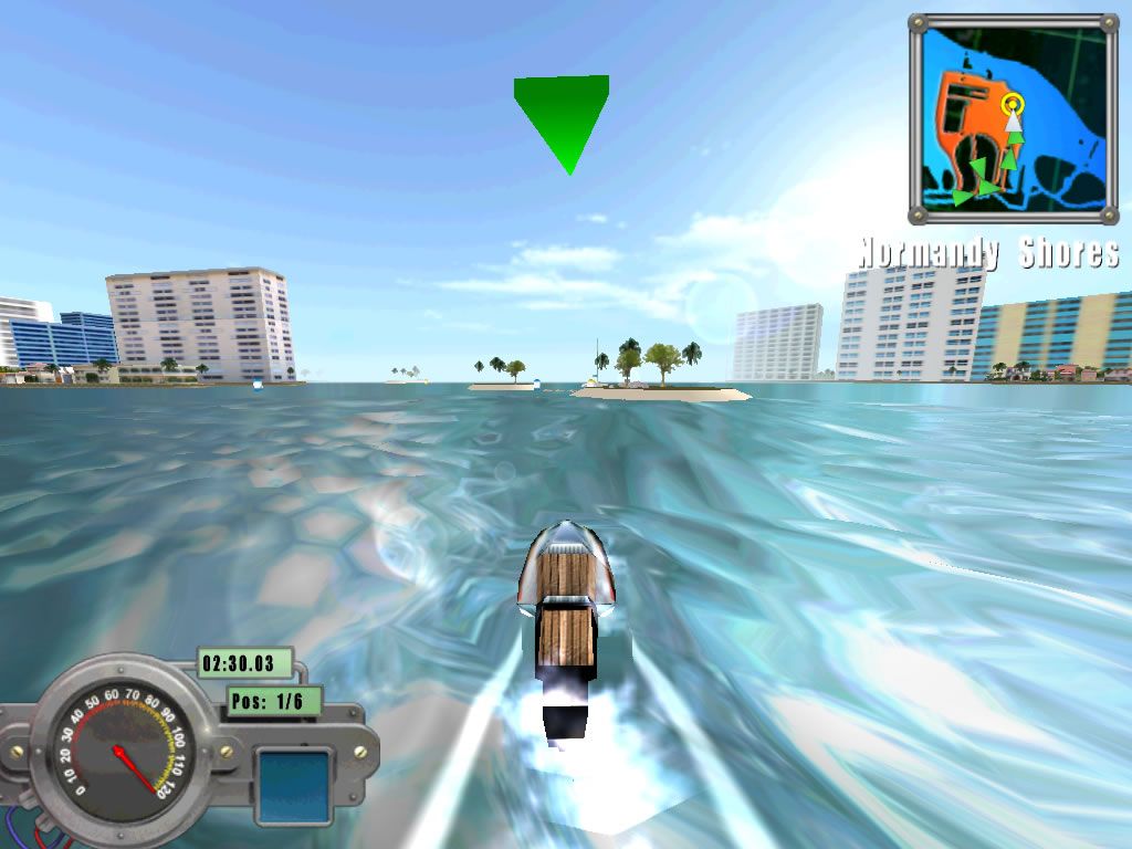 Miami Speedboat Racer (Windows) screenshot: Some levels, such as this one, Island Hopping, have a lot of boosts with open spaces.