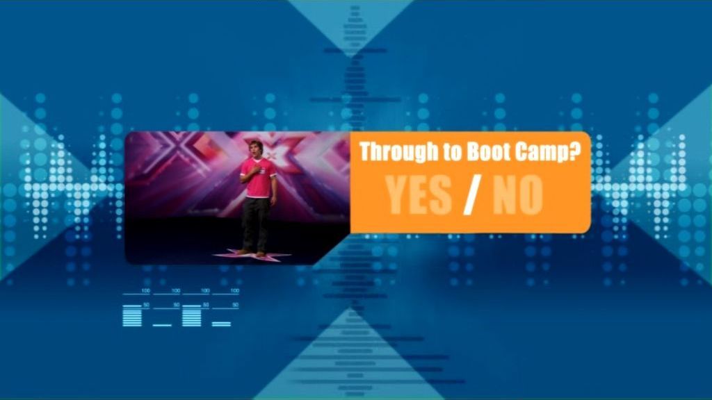 The X Factor: Interactive TV Game (DVD Player) screenshot: Round One. After watching a short clip from the show the question to be answered is - did the act make it through to 'Boot Camp'.