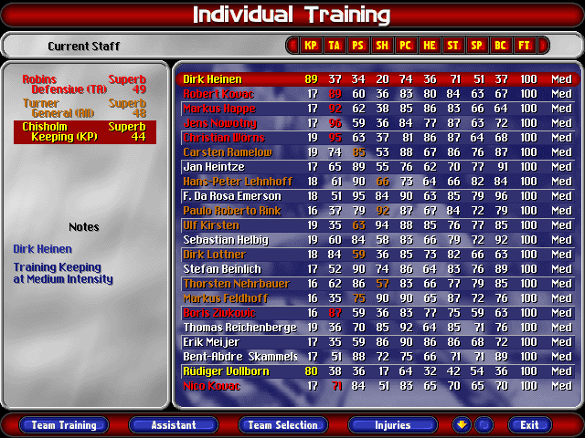 Ultimate Soccer Manager 98 (Windows) screenshot: Individual training allows to shape players to other positions and bring them to world class level