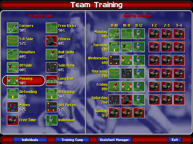 Ultimate Soccer Manager 98 (Windows) screenshot: Setting training.