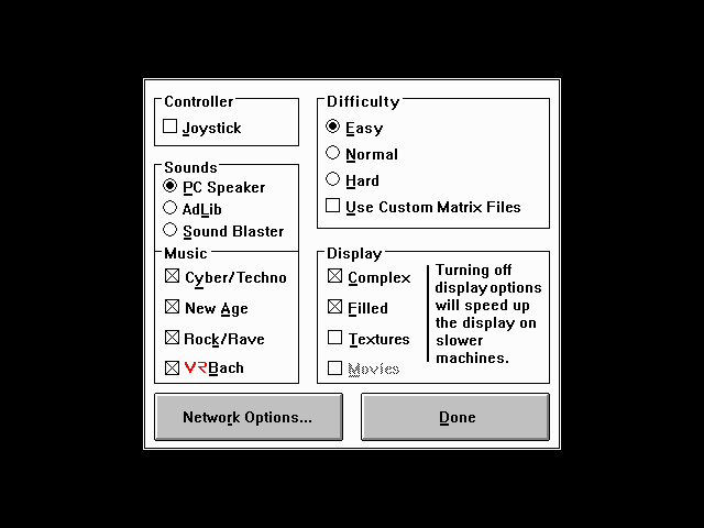 Spectre VR (DOS) screenshot: Initial settings