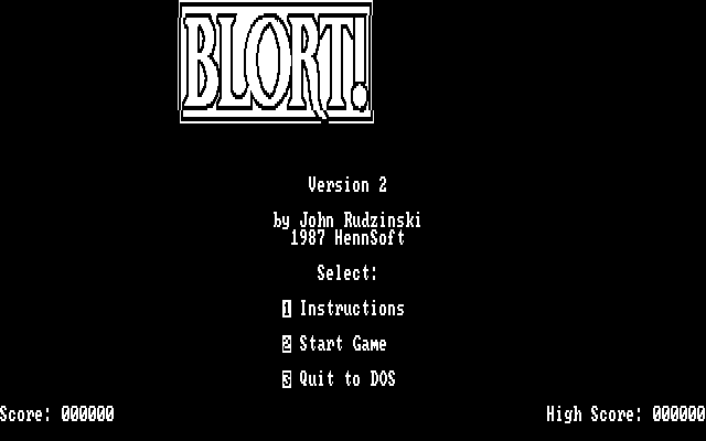 Blort! (DOS) screenshot: The title screen and main menu. <br>The word BLORT! moves slowly from side to side