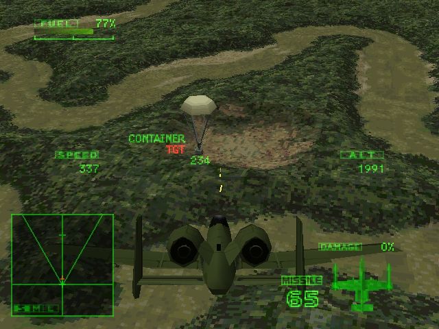 Ace Combat 2 (PlayStation) screenshot: Shooting down supply containers with the cannon.