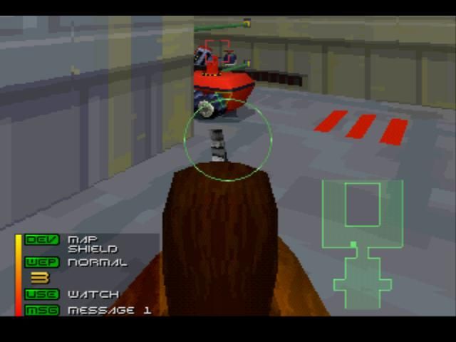 Fade to Black (PlayStation) screenshot: Don't shoot Conrad! This robot is needed to get past the barrier.