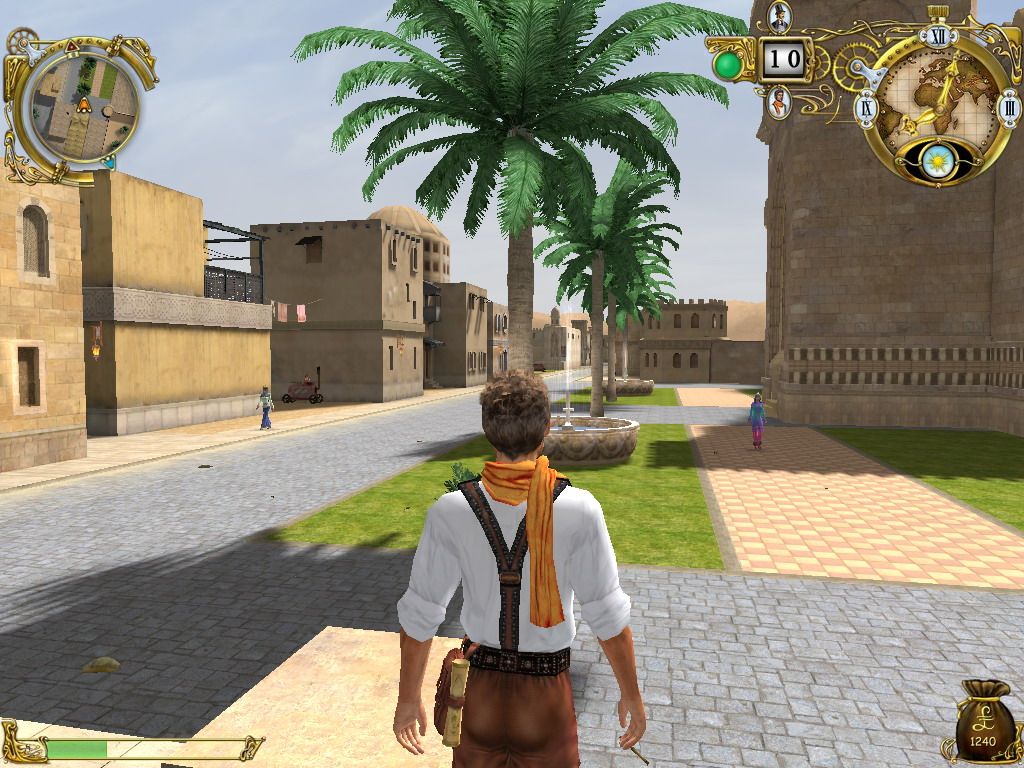 80 Days (Windows) screenshot: Cairo: On the upper right corner you can see the time of the day and the number of days of your journey.