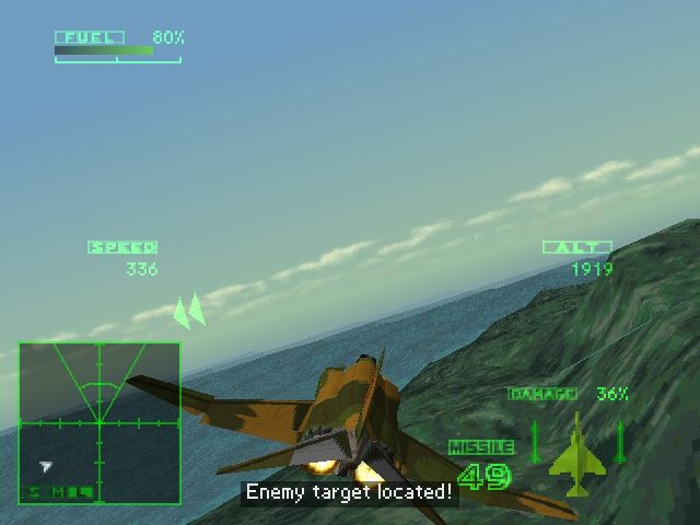 Ace Combat 2 (PlayStation) screenshot: I'm using the 3rd-person view.