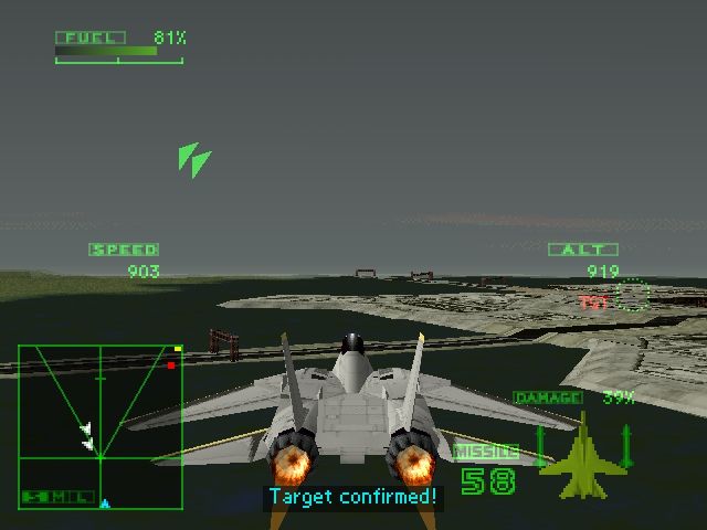 Ace Combat 2 (PlayStation) screenshot: With full afterburner and swept back wings.