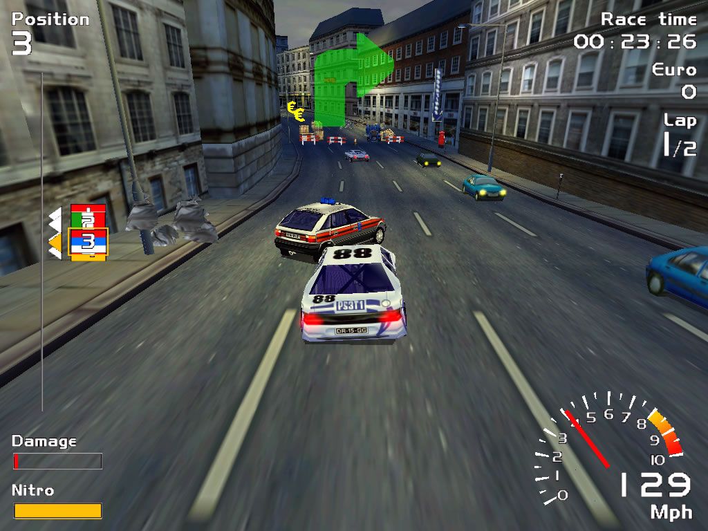 Europe Racing (Windows) screenshot: Driving a sports car in London.
