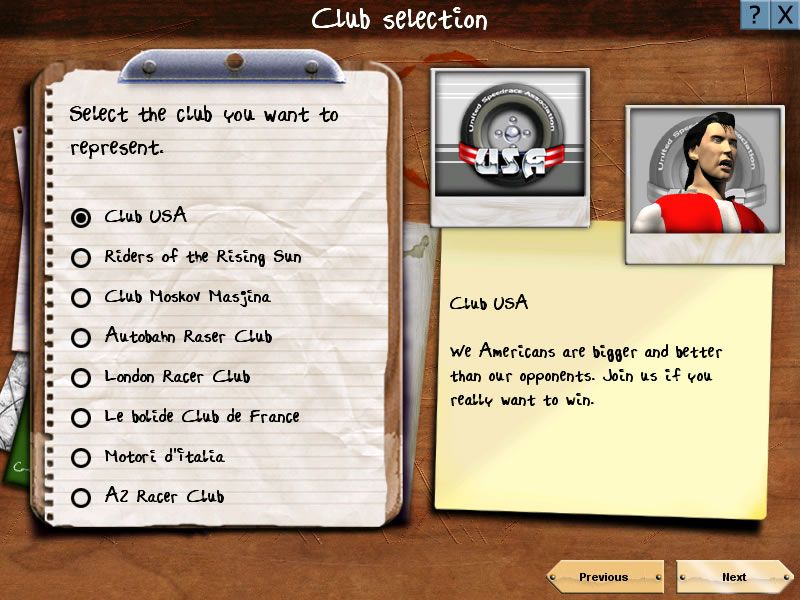 Europe Racing (Windows) screenshot: The 8 racing clubs you can represent.