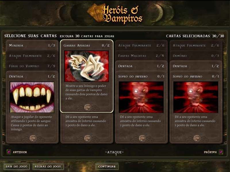 Heróis e Vampiros (Browser) screenshot: Grimoire, card selection screen