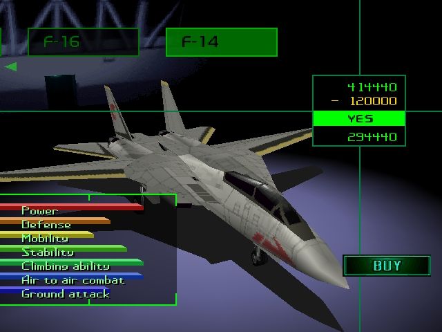 Ace Combat 2 (PlayStation) screenshot: Complete missions, earn credits and buy a better aircraft.