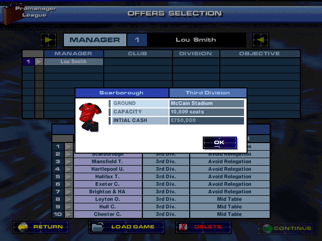 Premier Manager Ninety Nine (Windows) screenshot: In Pro-Manager, the player has to start from the bottom.