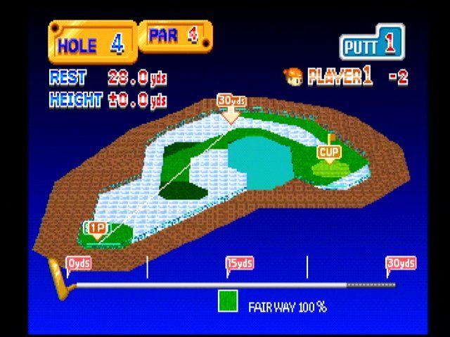 Putter Golf (PlayStation) screenshot: Hit start to get an overview of the hole