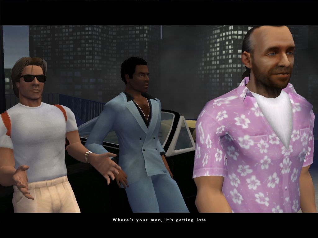 Miami Vice (Windows) screenshot: Intro cutscene: Crockett and Tubbs waiting a drug dealer.