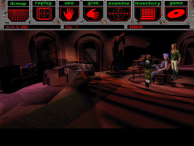 Hell: A Cyberpunk Thriller (DOS) screenshot: Menu at the top of the screen