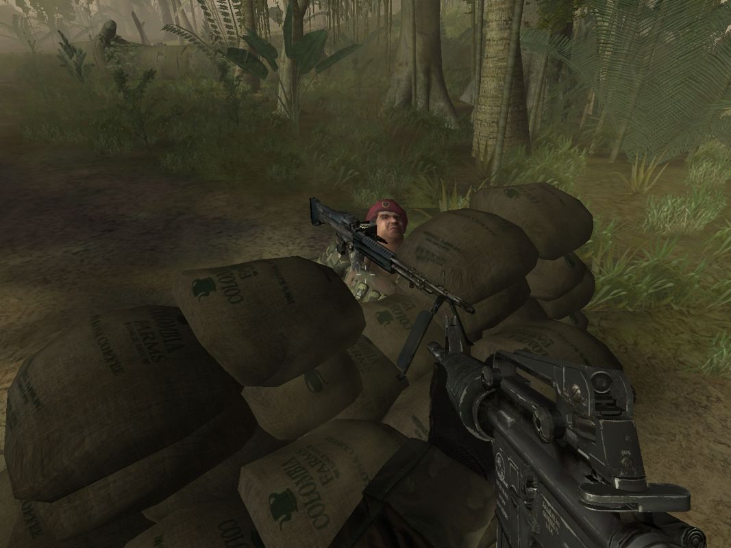 Terrorist Takedown: War in Colombia (Windows) screenshot: Colombian coffee sacks... humm, I'll take some of these home after this war ends.