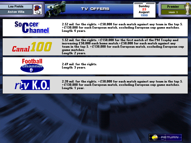 Premier Manager Ninety Nine (Windows) screenshot: TV offers provide a fast boost of cash to the club.