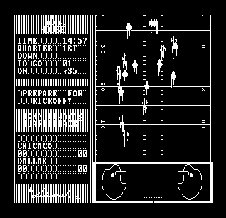 Quarterback (PC Booter) screenshot: A play in progress (Hercules Monochrome)