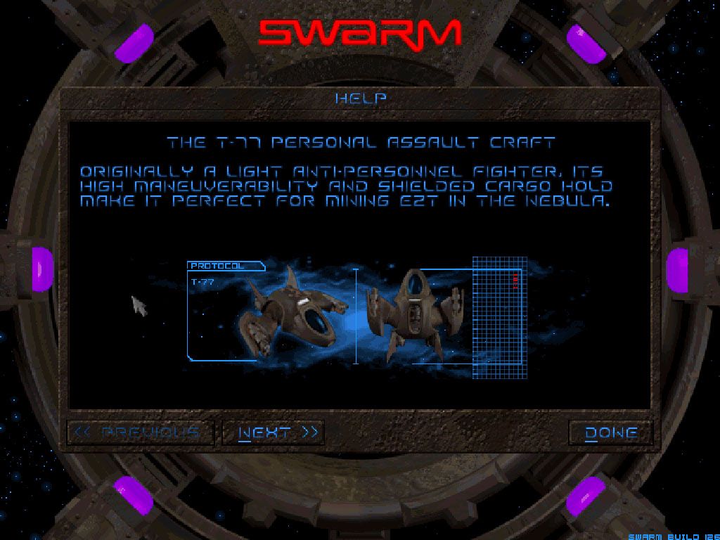 Swarm (Windows) screenshot: Help screens that vividly describe your craft and all the game's enemies