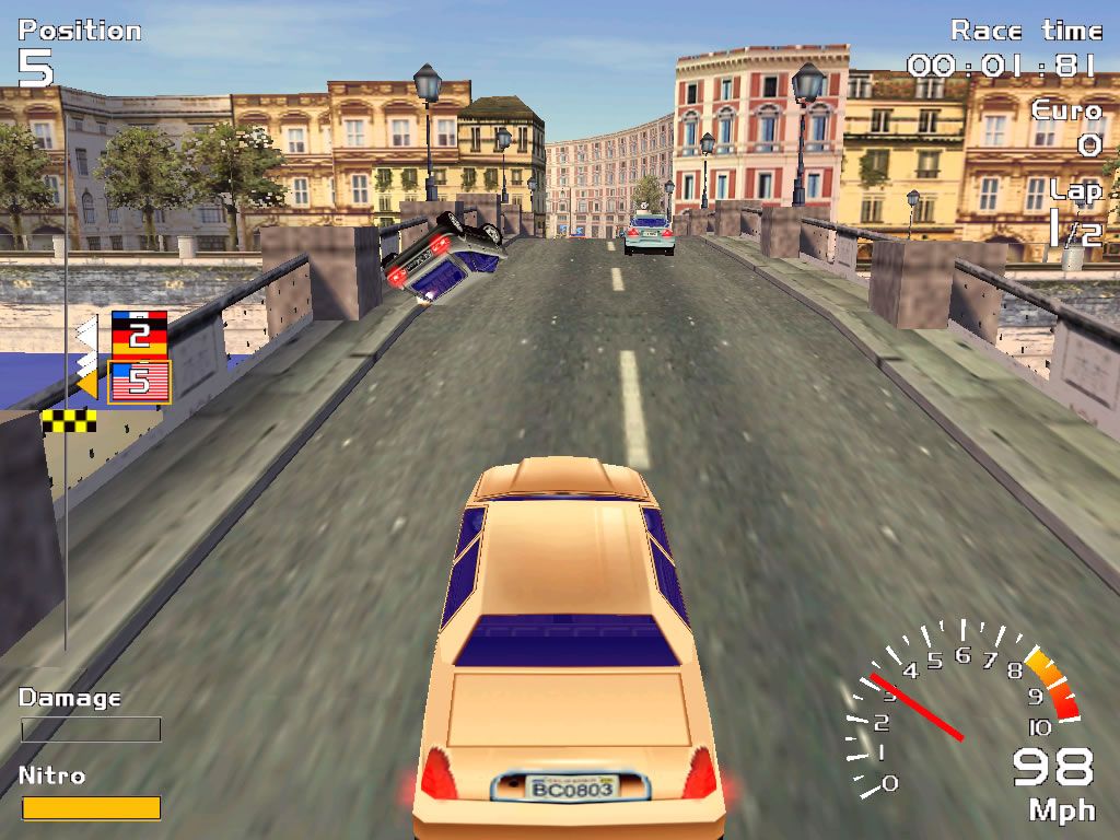 Europe Racing (Windows) screenshot: Start of a race - cars have the tendency to lie on their backs all the time, like a bunch of puppies.