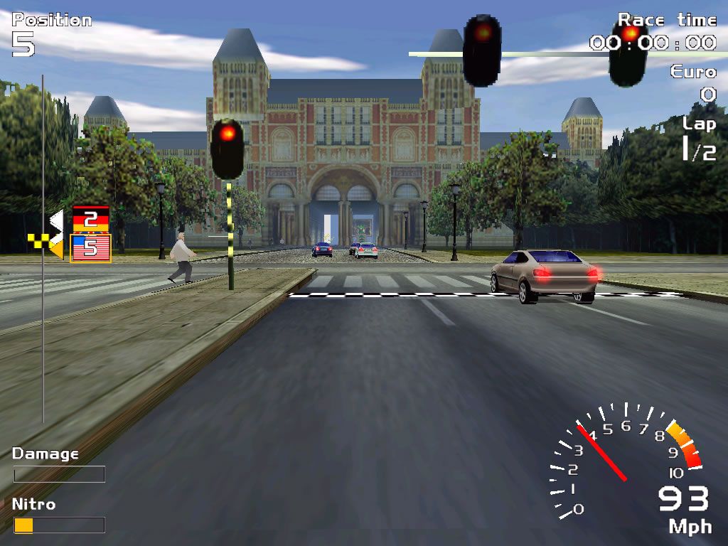 Europe Racing (Windows) screenshot: First-person view - pedestrians cannot actually be hit.