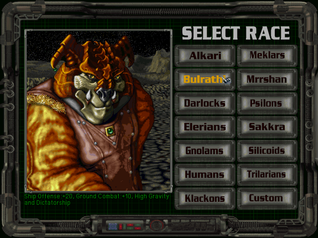 Master of Orion II: Battle at Antares (DOS) screenshot: Race selection - Bulrathi