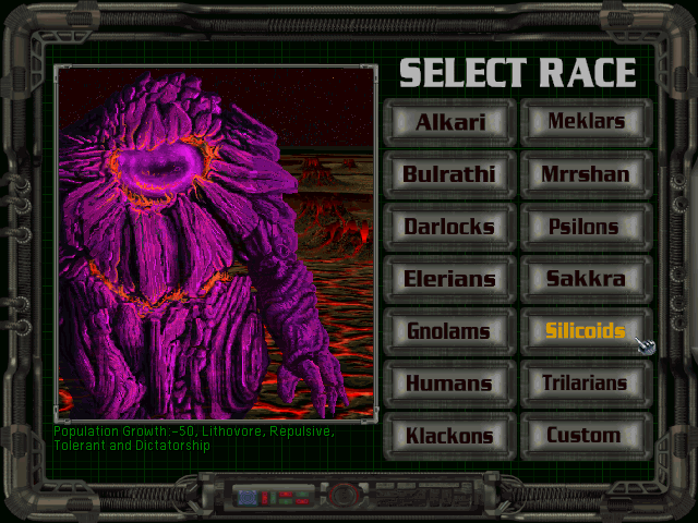 Master of Orion II: Battle at Antares (DOS) screenshot: Race selection - Silicoids