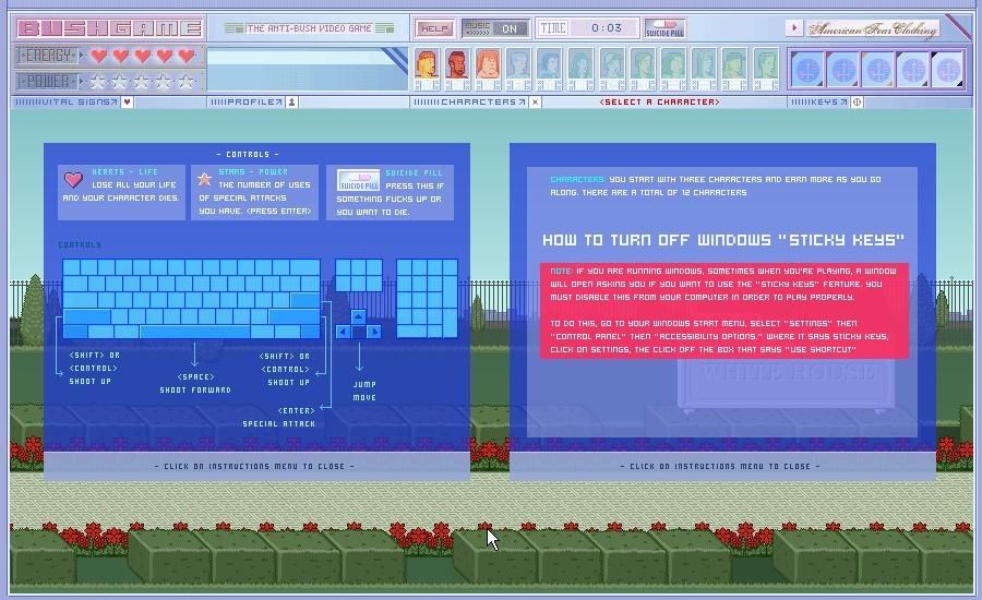 Bushgame: The Anti-Bush Video Game (Windows) screenshot: Instructions for the game.