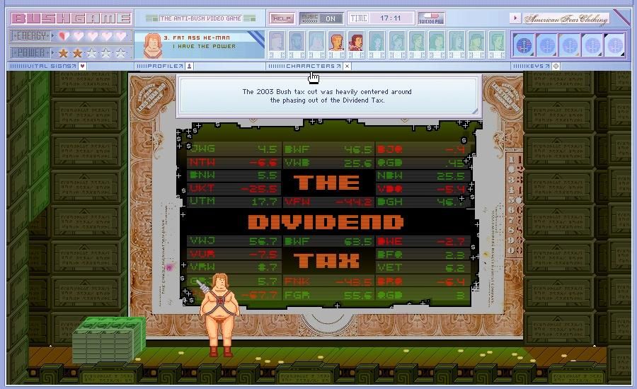 Bushgame: The Anti-Bush Video Game (Windows) screenshot: Learn about the Divident Tax...