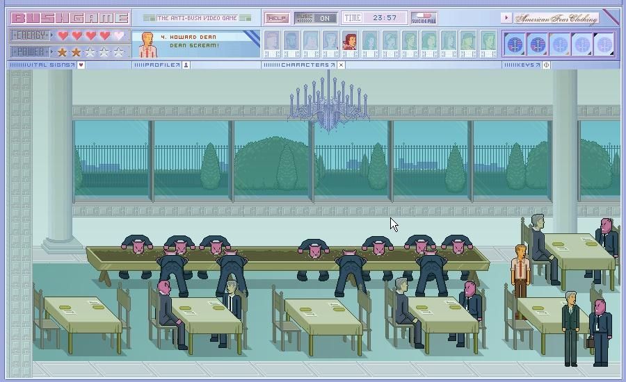 Bushgame: The Anti-Bush Video Game (Windows) screenshot: Hmm, yummy! So this is how they eat in those high-end society.