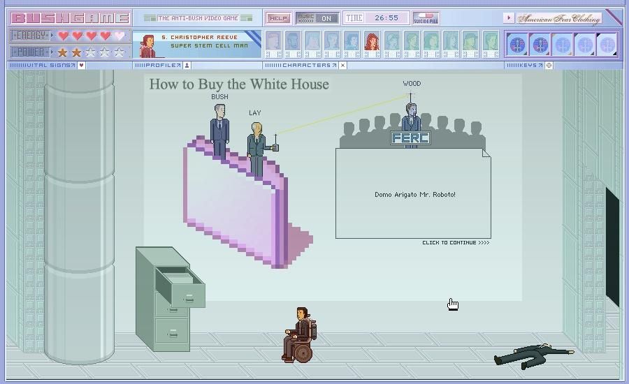 Bushgame: The Anti-Bush Video Game (Windows) screenshot: ... and you'll learn some more about how to buy the White House.