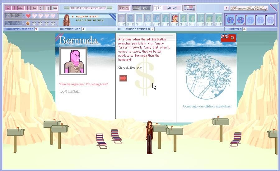 Bushgame: The Anti-Bush Video Game (Windows) screenshot: Cutting taxes at the Bermudas.
