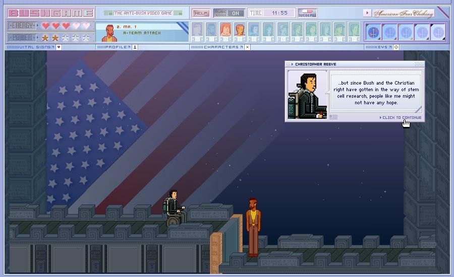 Bushgame: The Anti-Bush Video Game (Windows) screenshot: Meet Christopher Reeve, about to join your group.