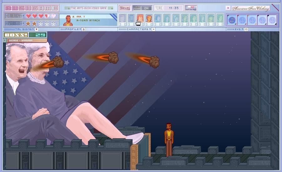 Bushgame: The Anti-Bush Video Game (Windows) screenshot: ... while George sr. is spitting hot lava at you. In the meantime, Hulk had died and is replaced by Mr. T.