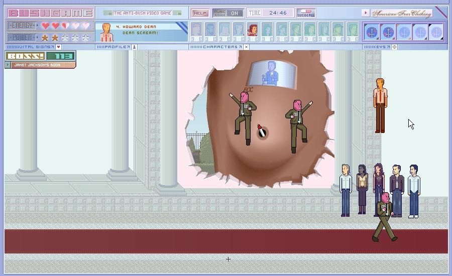 Bushgame: The Anti-Bush Video Game (Windows) screenshot: Fighting Janet Jackson's Boob! Haven't you dreamed of that before? Probably not.