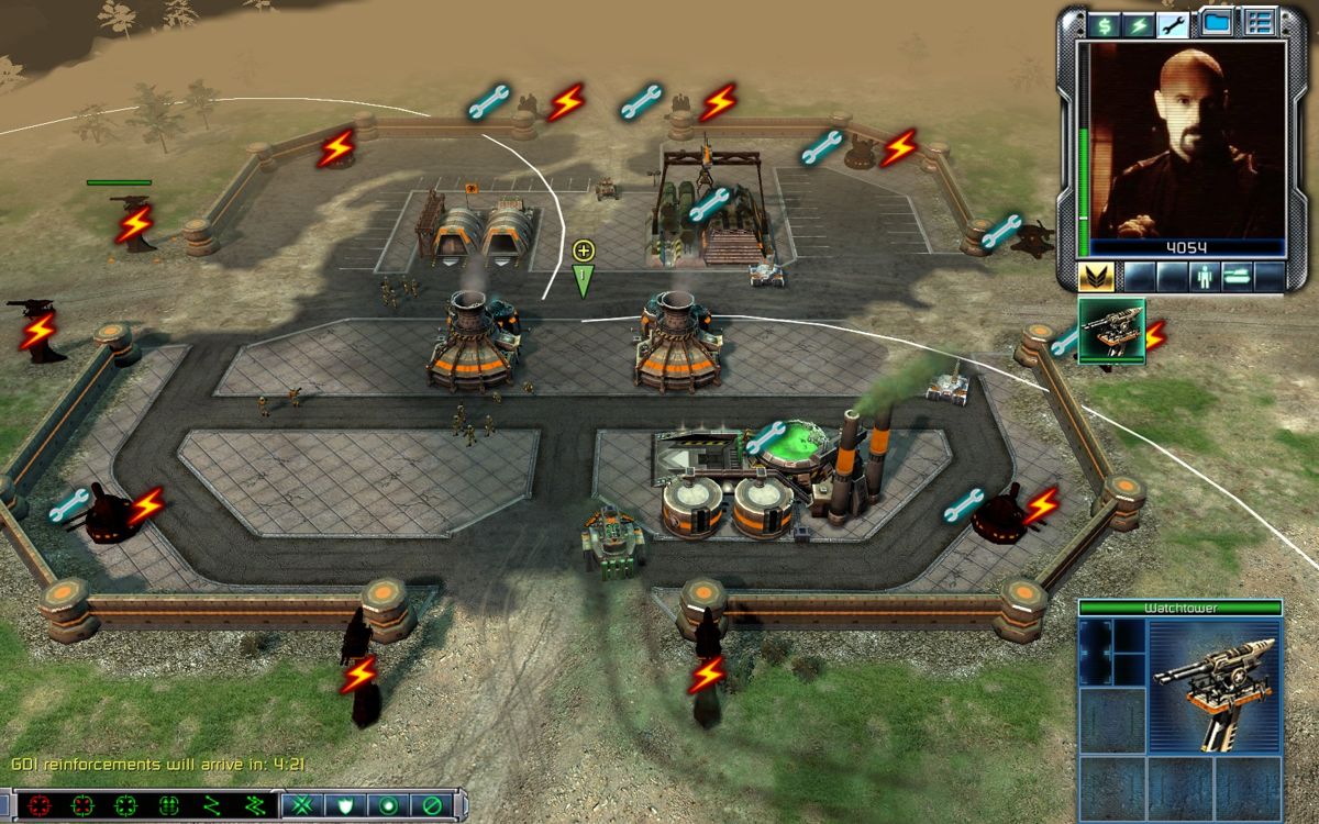 Command & Conquer 3: Tiberium Wars (Windows) screenshot: You're on Kane's territory now, and lack of power doesn't encourage the situation.