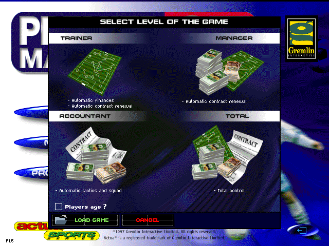 Premier Manager 97 (Windows) screenshot: Select on which level you want to play the game.