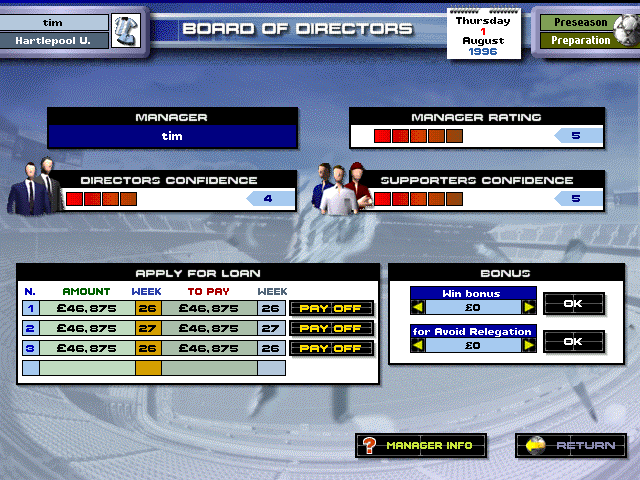 Premier Manager 97 (Windows) screenshot: In Pro-manager league you have to take care about confidence of several parties.