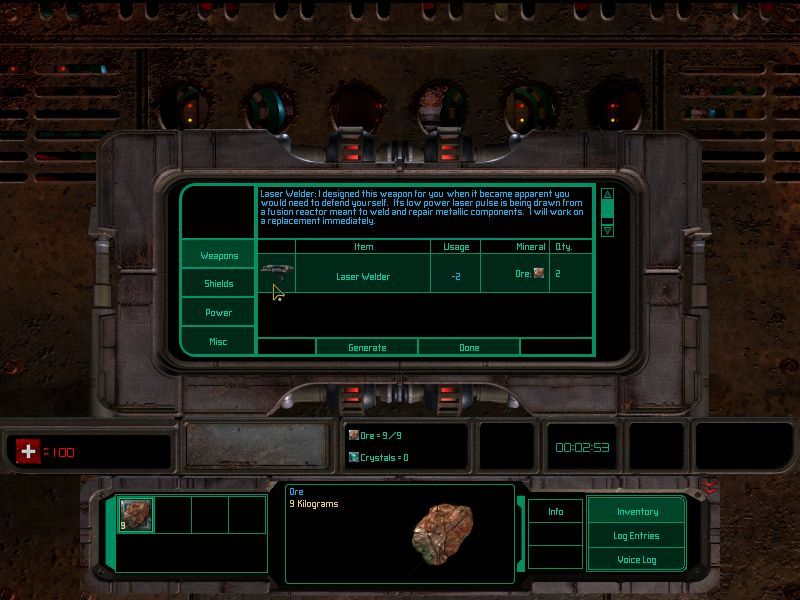 Zax: The Alien Hunter (Windows) screenshot: With the ore collected, Zax can use his ship's generating machine to create items such as weapons, shields and batteries.