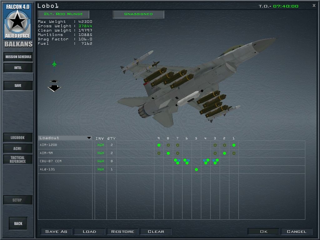 Falcon 4.0: Allied Force (Windows) screenshot: You can arm your F-16 with missiles, bombs and fuel tanks.