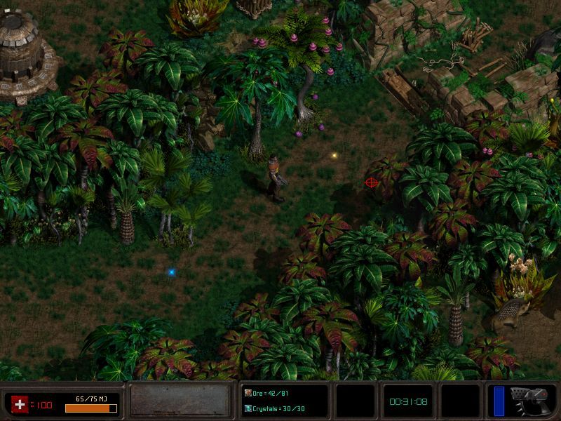 Zax: The Alien Hunter (Windows) screenshot: The orange orb restores Zax's shield energy, the blue orb restores his weapon energy.