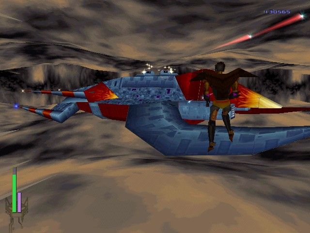 Beast Wars: Transformers (Windows) screenshot: Air Razor battles an airship to rescue a fallen Maximal.