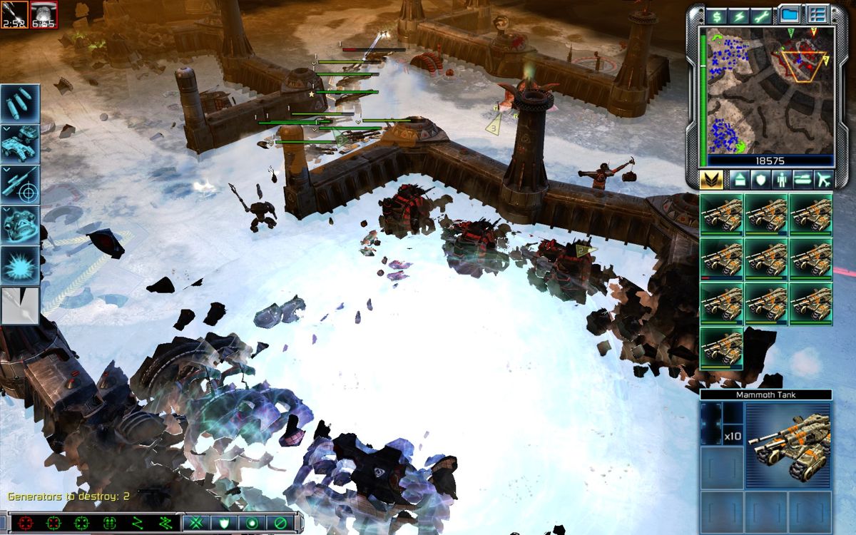 Command & Conquer 3: Tiberium Wars (Windows) screenshot: Barely escaping my own Ion Cannon blast with Mammoth tanks.