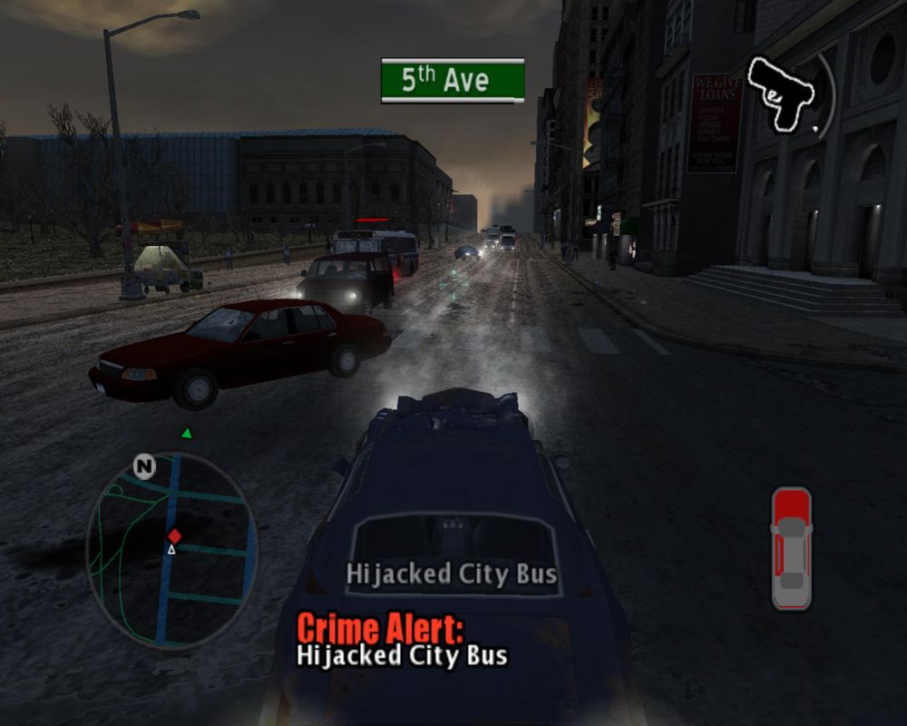 True Crime: New York City (Windows) screenshot: Some guys stole a bus, it will be difficult to stop them.